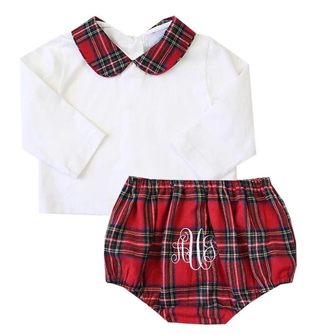 Custom baby boys girls clothing set monogram flannel plaid infant top and bloomer set cute toddler kids set