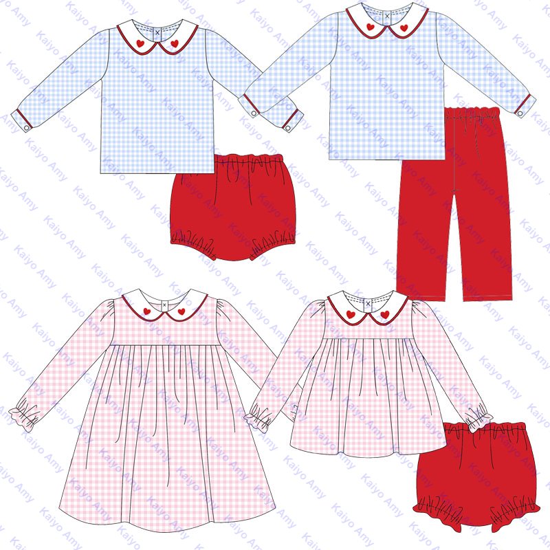 Valentine Day kids clothing girls dresses peter pan collared sibling matching outfits red heart baby boys clothes bloomer set