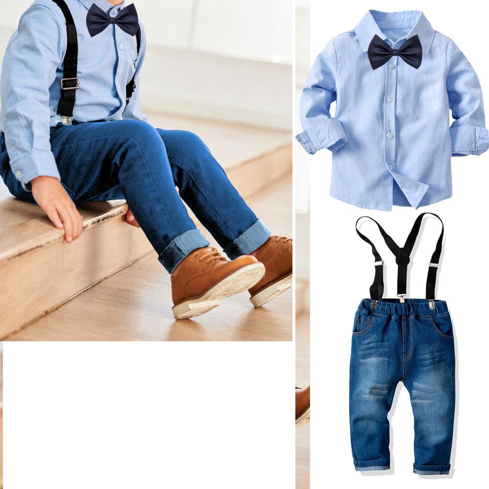 Cross-border baby boy cotton long-sleeved collared shirt denim suspenders trousers set children banquet dress formal wear