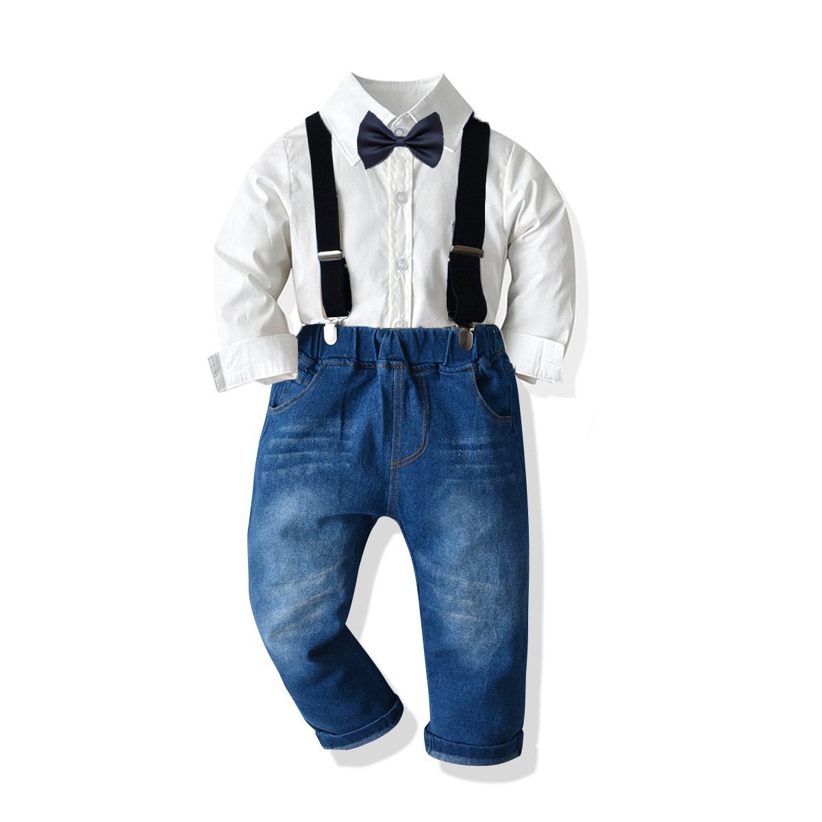 Cross-border baby boy cotton long-sleeved collared shirt denim suspenders trousers set children banquet dress formal wear
