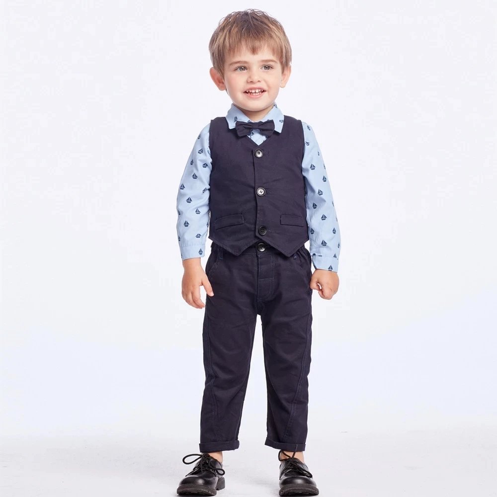 New Arrival Vest Sailboat Print Romper with Bow Pants Baby Boy Party Clothes Suits for Toddler Outfit Baby Set Clothing