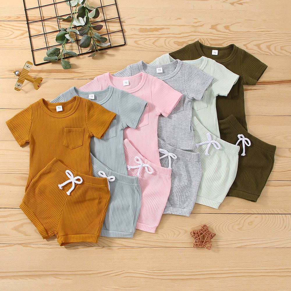 Summer Kids Short Sleeve Clothing Sets 12-18 Months Infant Newborn Cotton Waffle Baby Clothes Set For Girls Boys