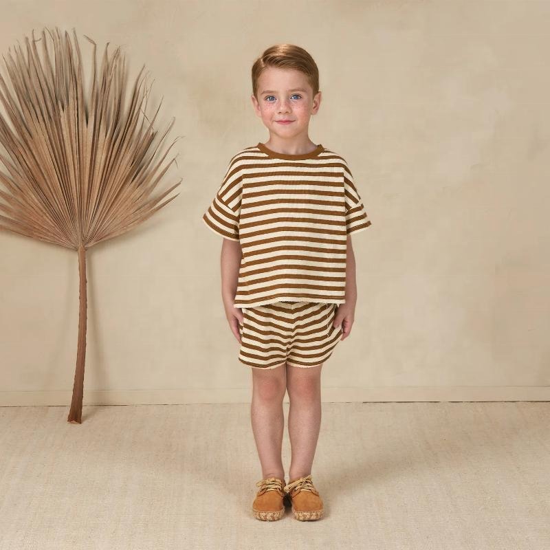 Summer trending baby boy outfits clothing manufacturers tracksuit 95% cotton 5% spandex jersey stripe boy set
