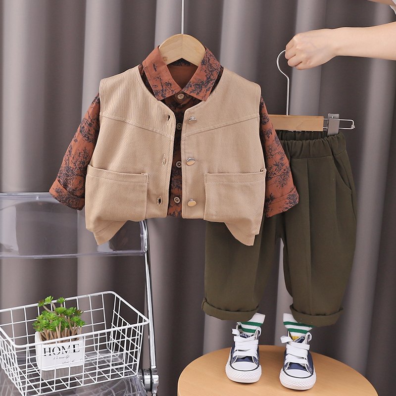 2024 Autumn/Winter Boys' Clothing Set Children's Long Sleeve Top & Three-Piece Vest Printed Shirt Outdoor Kids' Three-Part Vest
