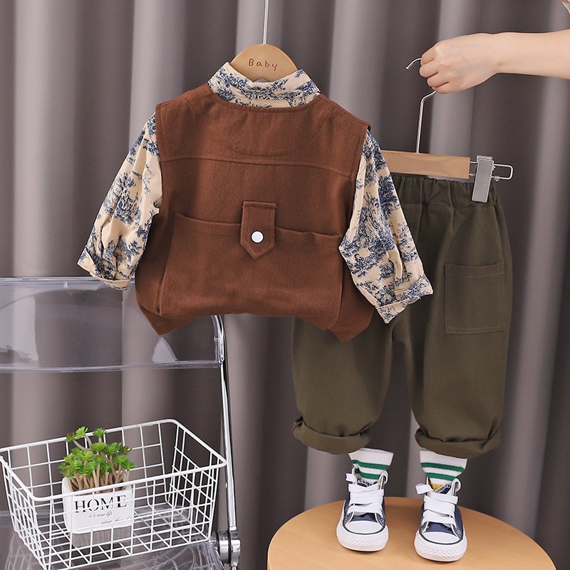 2024 Autumn/Winter Boys' Clothing Set Children's Long Sleeve Top & Three-Piece Vest Printed Shirt Outdoor Kids' Three-Part Vest