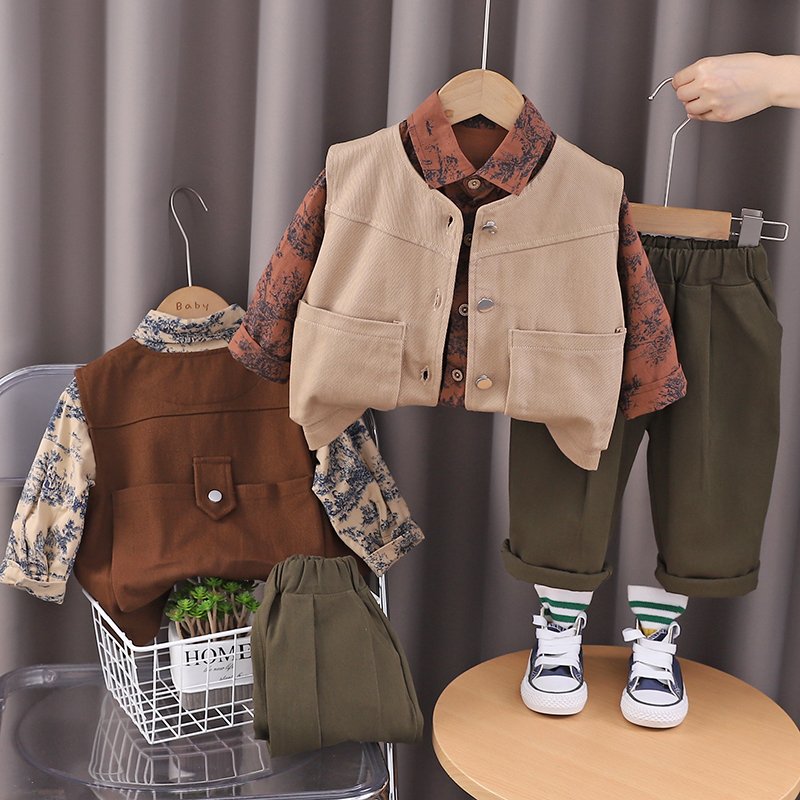 2024 Autumn/Winter Boys' Clothing Set Children's Long Sleeve Top & Three-Piece Vest Printed Shirt Outdoor Kids' Three-Part Vest