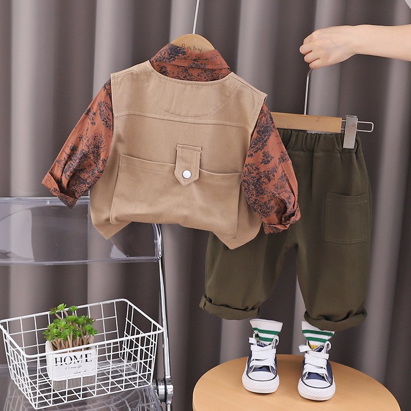 2024 Autumn/Winter Boys' Clothing Set Children's Long Sleeve Top & Three-Piece Vest Printed Shirt Outdoor Kids' Three-Part Vest