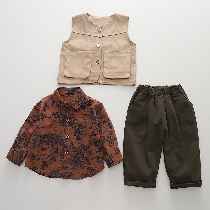 2024 Autumn/Winter Boys' Clothing Set Children's Long Sleeve Top & Three-Piece Vest Printed Shirt Outdoor Kids' Three-Part Vest