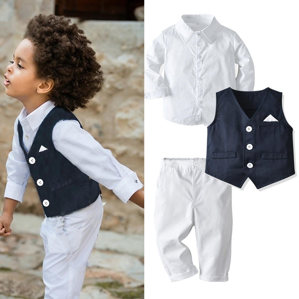 Boy Suit Autumn Long Sleeve Shirt Vest Trousers Gentleman Flower Children Banquet Host Dress Solid Boys Clothing Sets 3 Sets