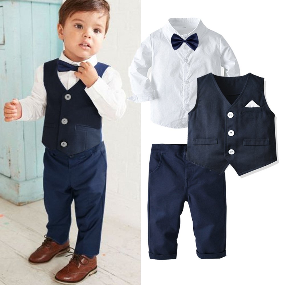 Boy Suit Autumn Long Sleeve Shirt Vest Trousers Gentleman Flower Children Banquet Host Dress Solid Boys Clothing Sets 3 Sets