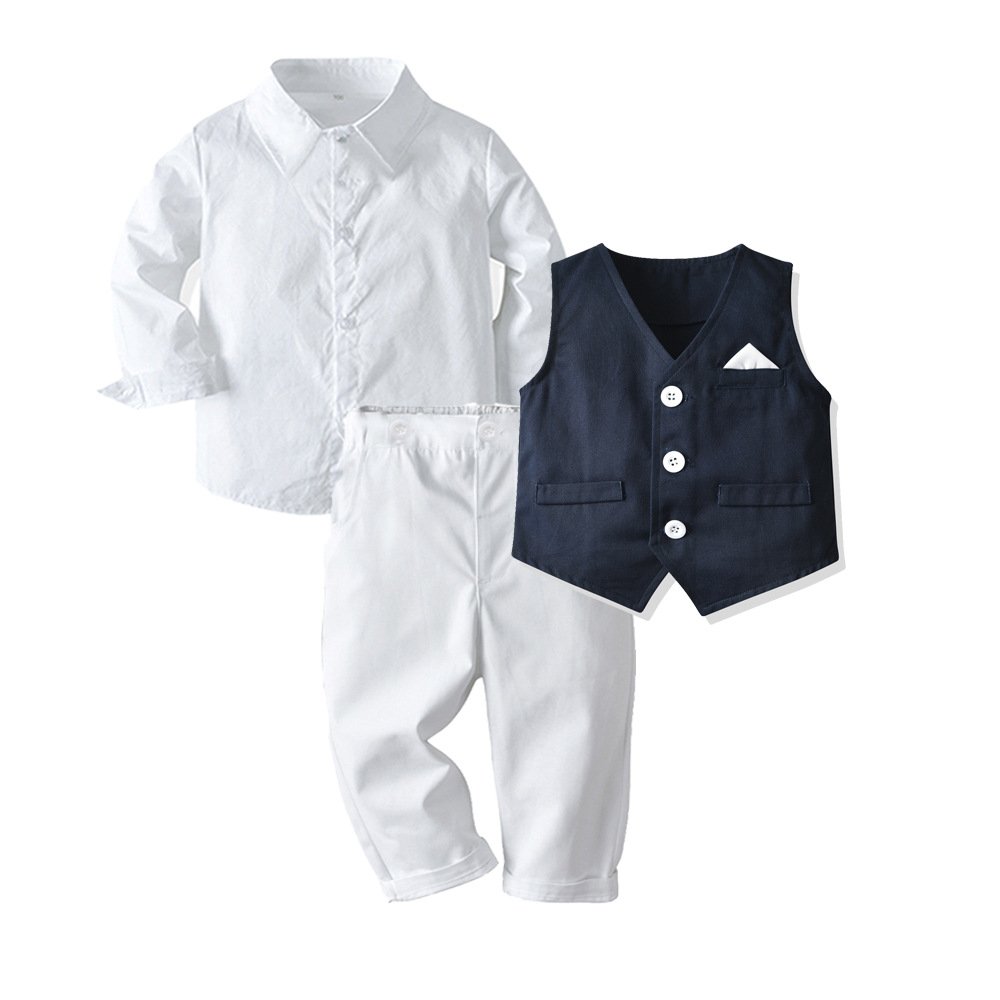 Boy Suit Autumn Long Sleeve Shirt Vest Trousers Gentleman Flower Children Banquet Host Dress Solid Boys Clothing Sets 3 Sets