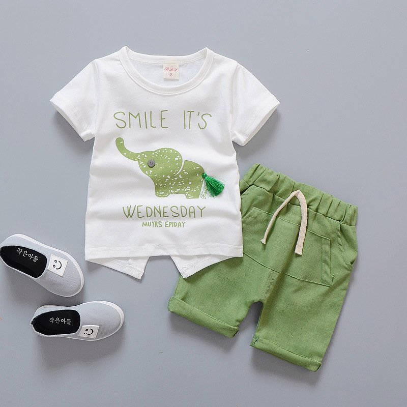 Korean Version Boys Summer Two-Piece Set Casual Cotton Short Sleeve Shorts with Printed Elephant Kids Summer Wear