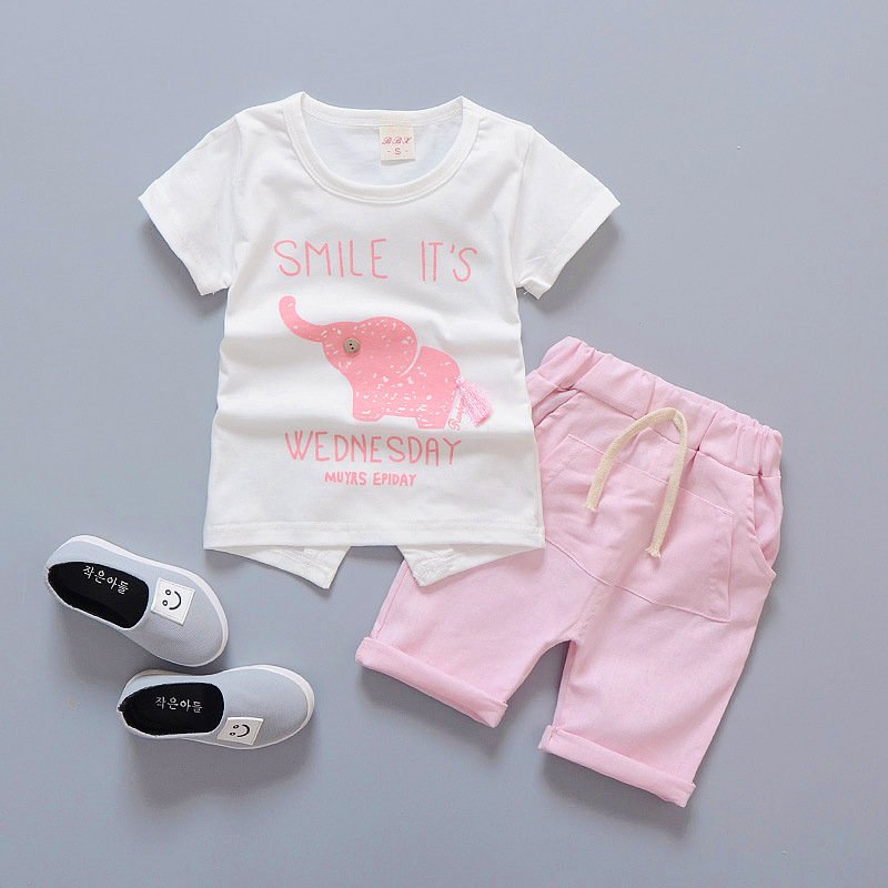 Korean Version Boys Summer Two-Piece Set Casual Cotton Short Sleeve Shorts with Printed Elephant Kids Summer Wear