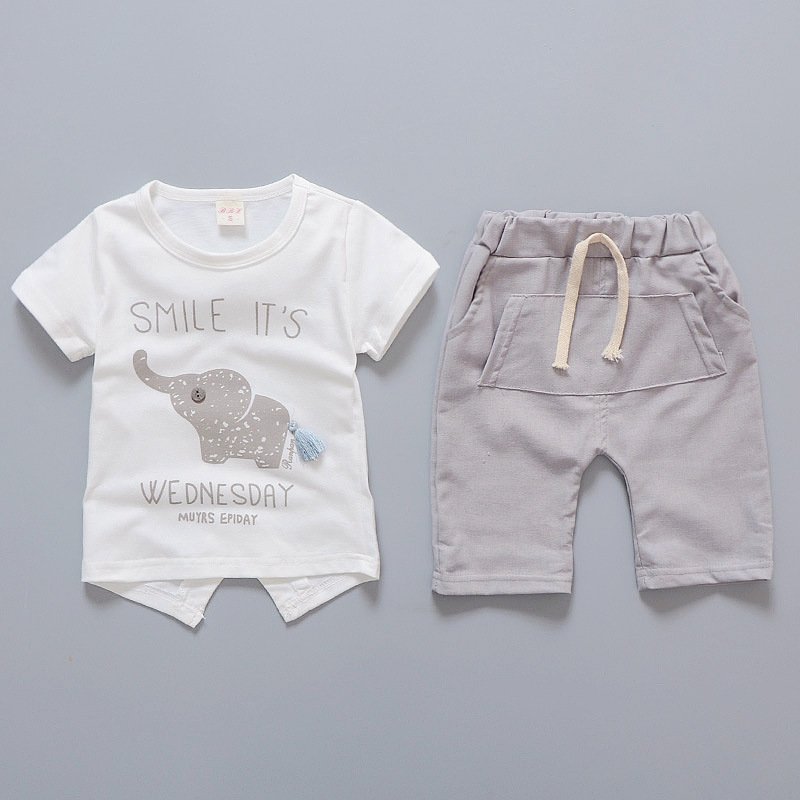 Korean Version Boys Summer Two-Piece Set Casual Cotton Short Sleeve Shorts with Printed Elephant Kids Summer Wear