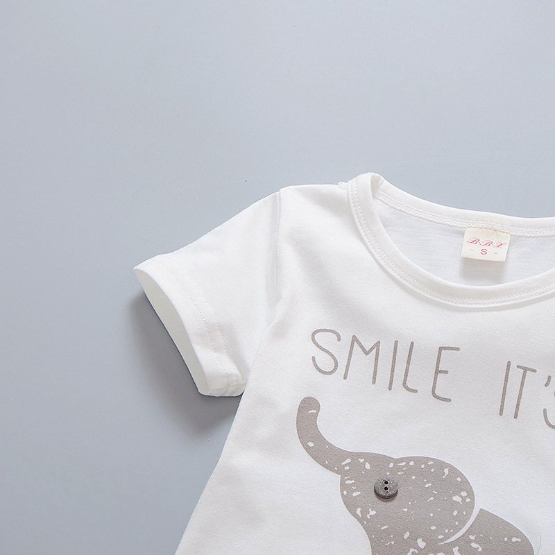 Korean Version Boys Summer Two-Piece Set Casual Cotton Short Sleeve Shorts with Printed Elephant Kids Summer Wear