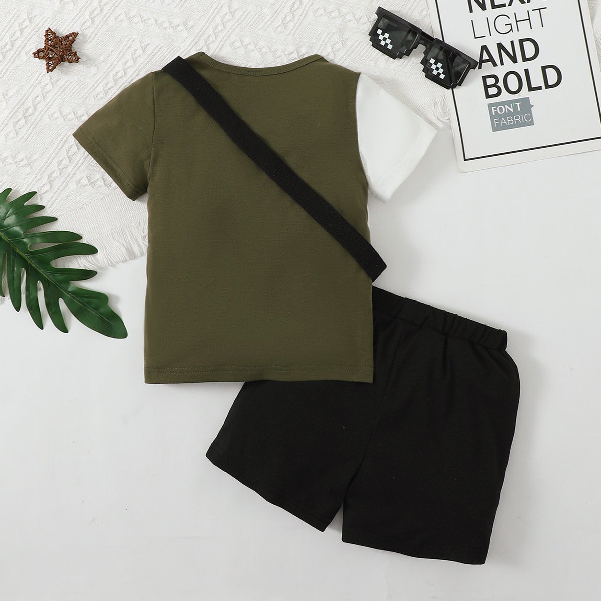 New arrival summer toddler Boys Clothing Sets patchwork T-shirt + letter shorts + waist bag 3 Pieces outfits for kids