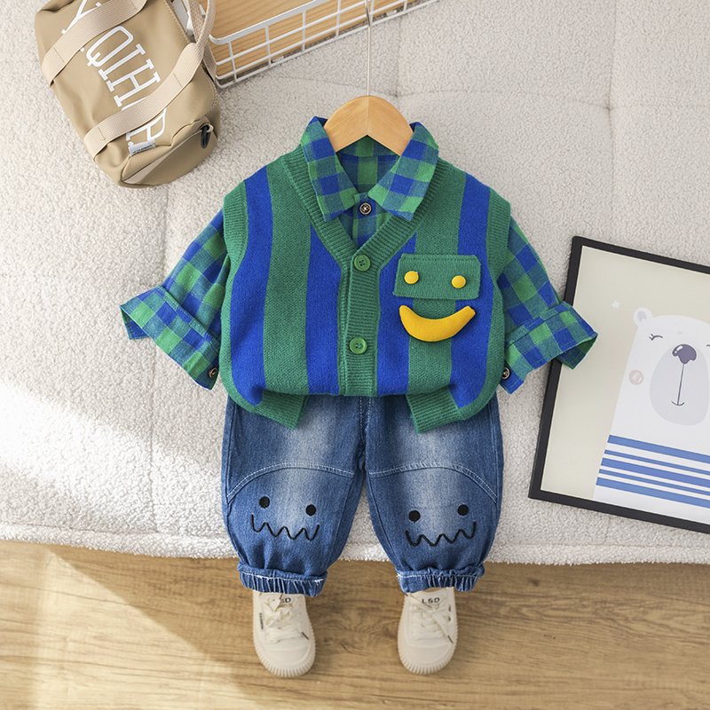 High Quality Korean Preppy Style Girls Clothing Set 3pcs Spring Autumn Casual Style Includes Striped Plaid Smile Design Shirt