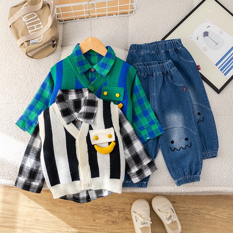 High Quality Korean Preppy Style Girls Clothing Set 3pcs Spring Autumn Casual Style Includes Striped Plaid Smile Design Shirt
