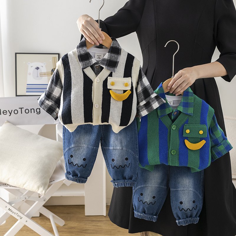 High Quality Korean Preppy Style Girls Clothing Set 3pcs Spring Autumn Casual Style Includes Striped Plaid Smile Design Shirt