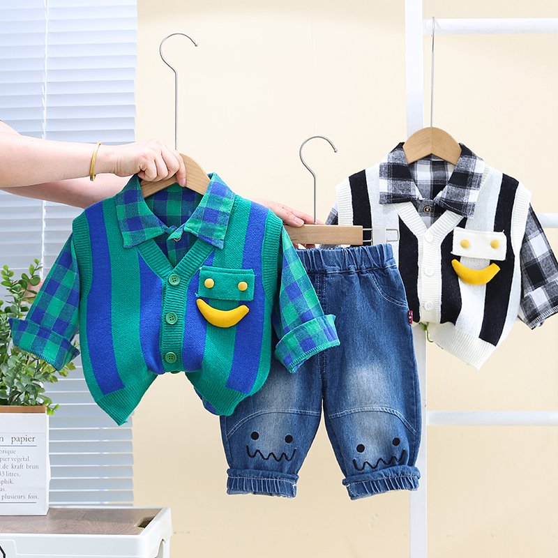 High Quality Korean Preppy Style Girls Clothing Set 3pcs Spring Autumn Casual Style Includes Striped Plaid Smile Design Shirt