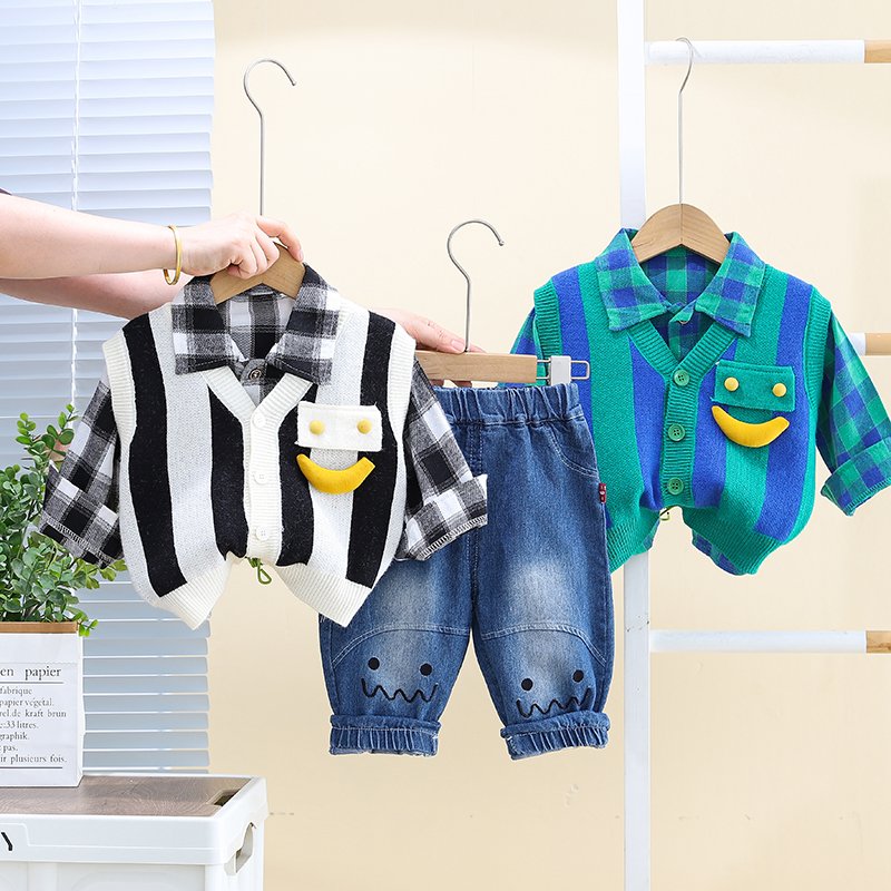 High Quality Korean Preppy Style Girls Clothing Set 3pcs Spring Autumn Casual Style Includes Striped Plaid Smile Design Shirt