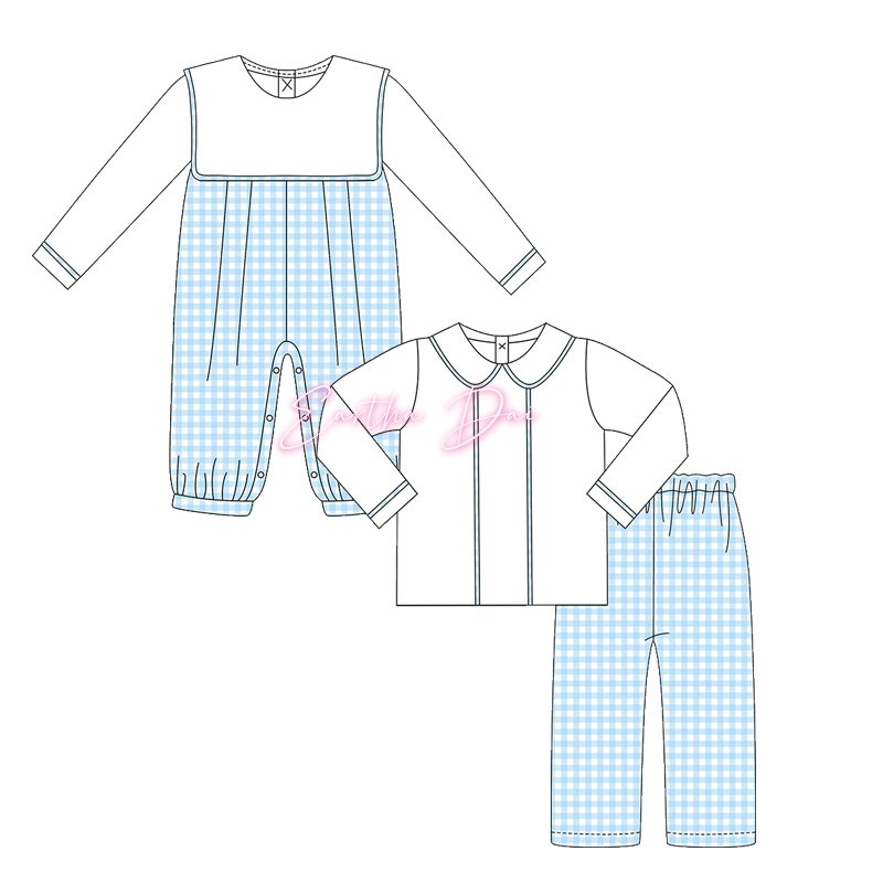 matching baby boys sets woven gingham monogram khaki checked kids outfits long sleeve children boys clothing sets