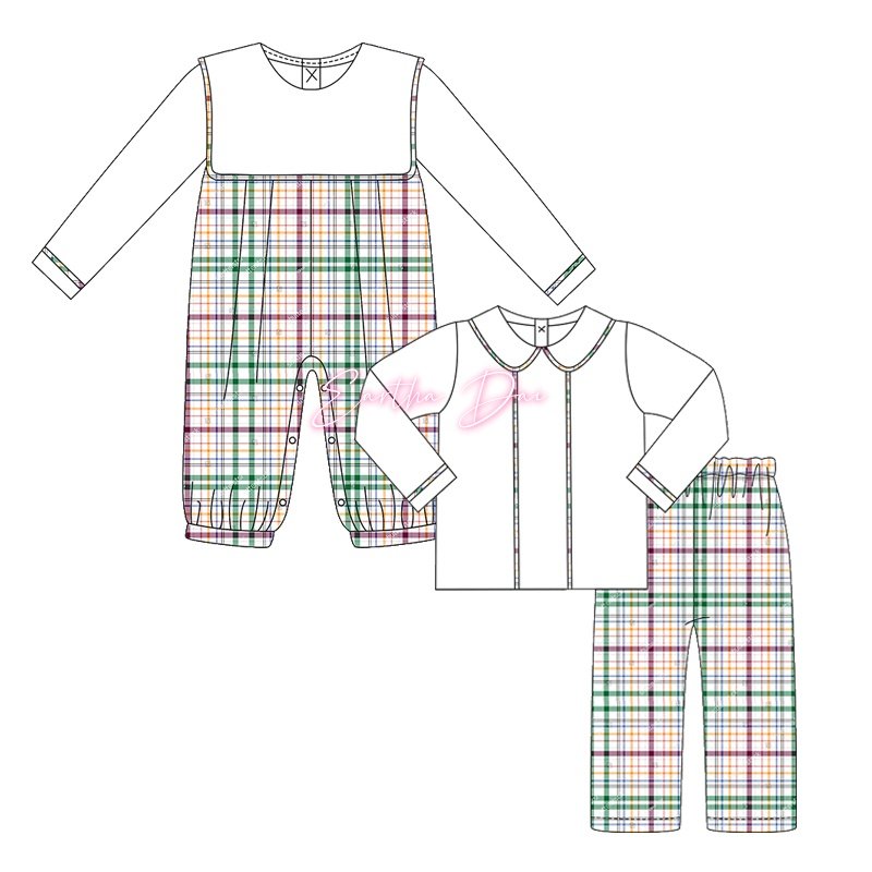 matching baby boys sets woven gingham monogram khaki checked kids outfits long sleeve children boys clothing sets