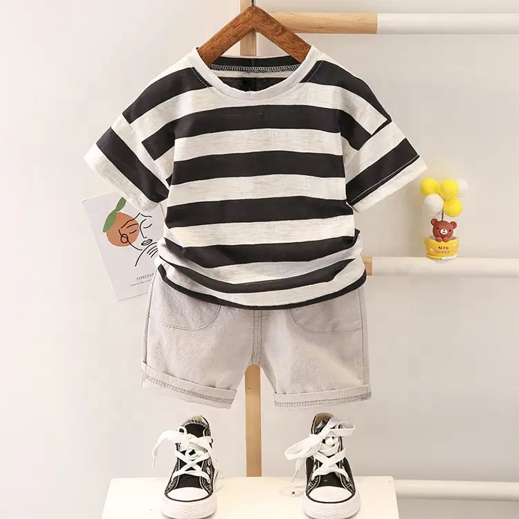 Summer Wholesale Kids Boys Clothes Set Fashion Casual Stripe Short Sleeve Shorts For Children