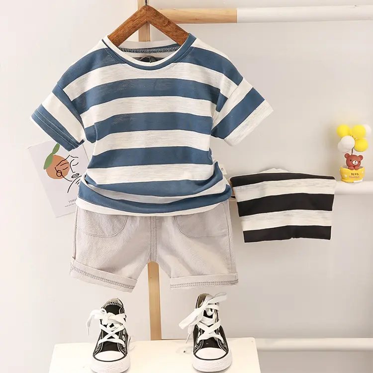 Summer Wholesale Kids Boys Clothes Set Fashion Casual Stripe Short Sleeve Shorts For Children