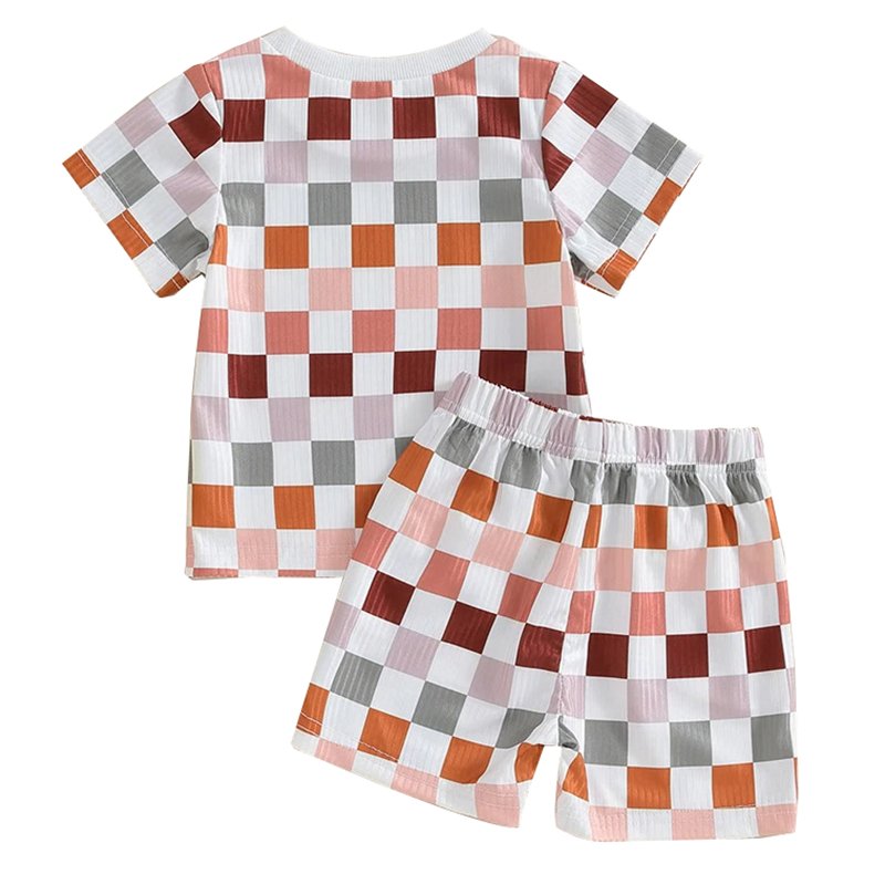 Ribbed Knit Checkered Print Summer Short Sleeve T Shirt Elastic Shorts With Pockets Baby Boy 2 Pcs Outfits Kids Sport Clothes