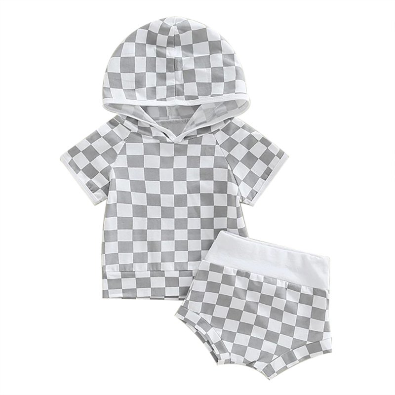 Ribbed Knit Checkered Print Summer Short Sleeve T Shirt Elastic Shorts With Pockets Baby Boy 2 Pcs Outfits Kids Sport Clothes