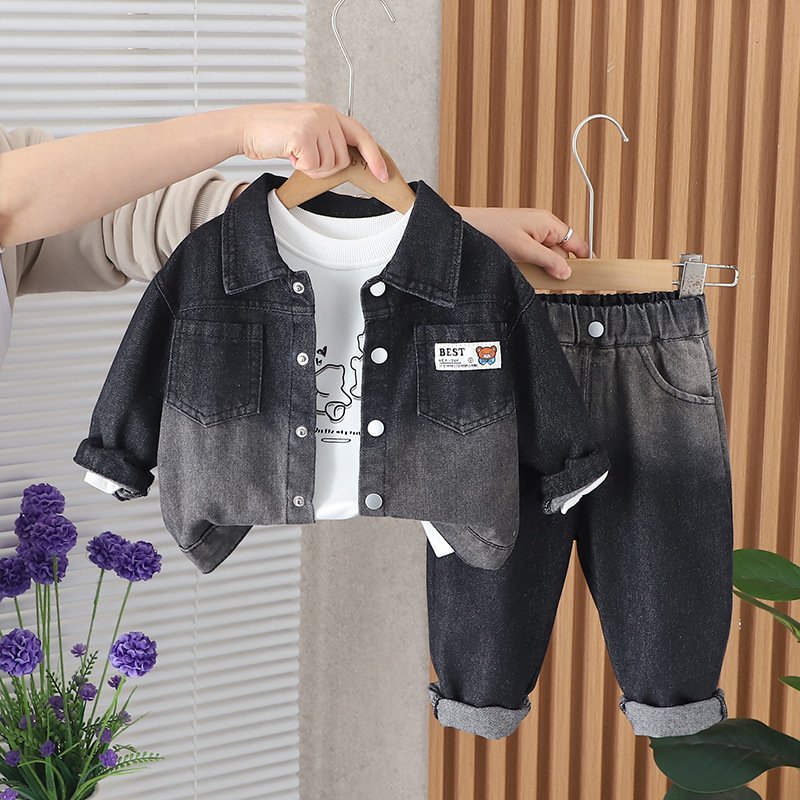 Latest Style Spring Autumn Kids Denim Outfits 3pcs T-shirt+Jacket+Pants Cartoon Print Casual Boys Clothing Sets