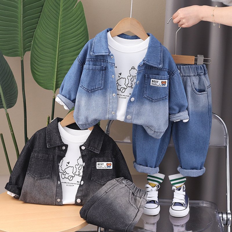 Latest Style Spring Autumn Kids Denim Outfits 3pcs T-shirt+Jacket+Pants Cartoon Print Casual Boys Clothing Sets