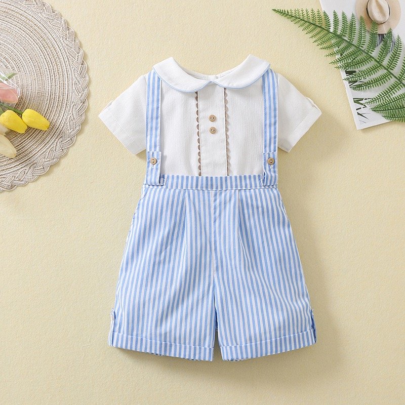 OEM Summer Boutique Clothes New Infant Toddler Kids Boys Gentle Short Sleeve Blouse and Striped Shorts 2 pcs Boys Clothing Sets