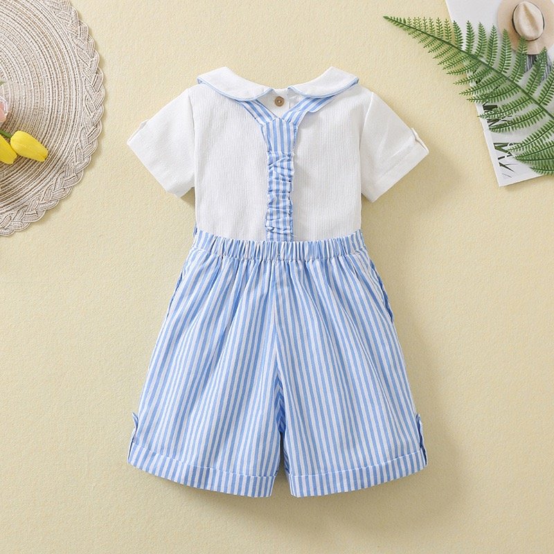 OEM Summer Boutique Clothes New Infant Toddler Kids Boys Gentle Short Sleeve Blouse and Striped Shorts 2 pcs Boys Clothing Sets