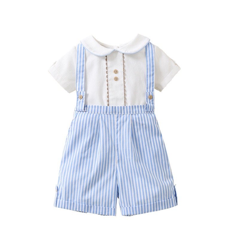 OEM Summer Boutique Clothes New Infant Toddler Kids Boys Gentle Short Sleeve Blouse and Striped Shorts 2 pcs Boys Clothing Sets