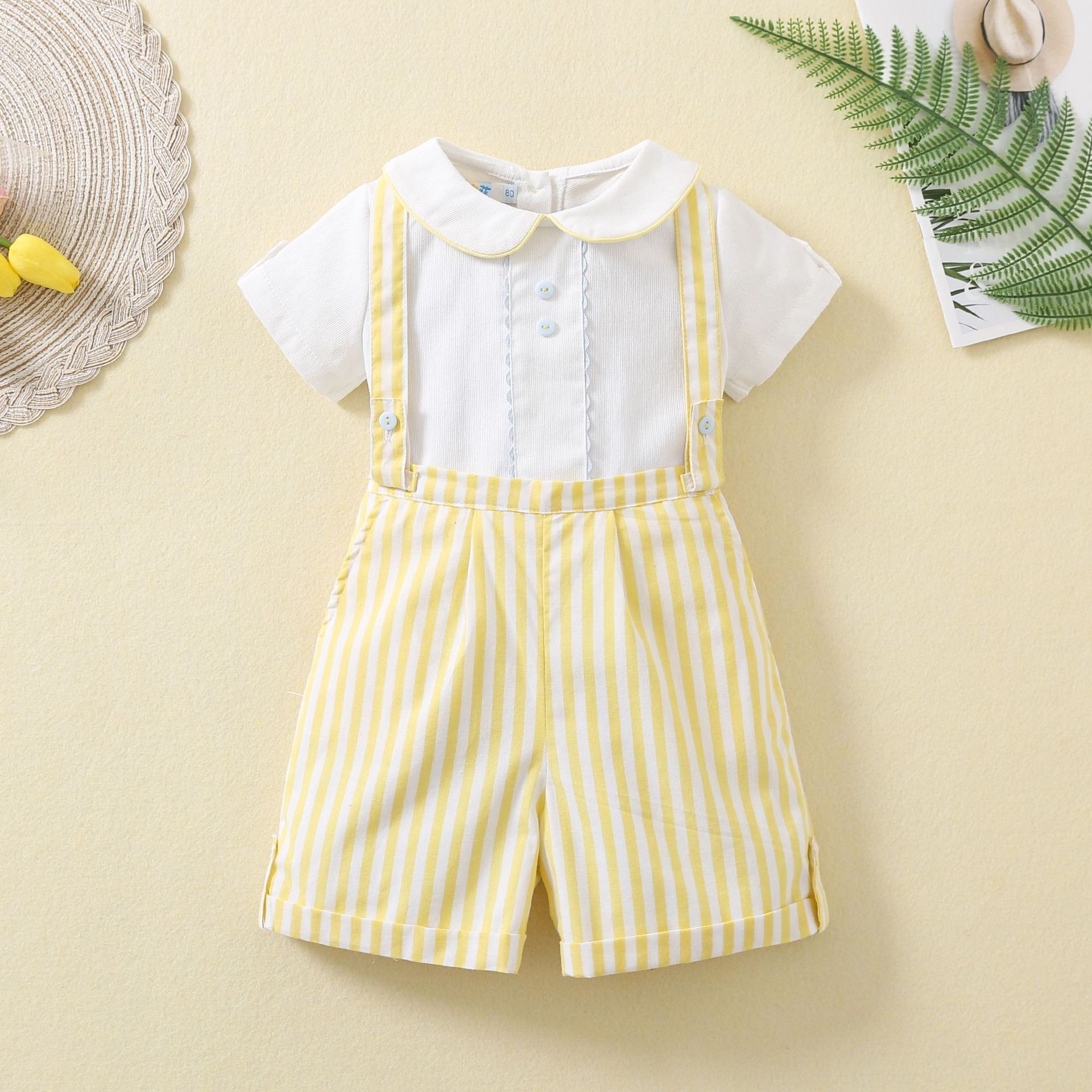 OEM Summer Boutique Clothes New Infant Toddler Kids Boys Gentle Short Sleeve Blouse and Striped Shorts 2 pcs Boys Clothing Sets