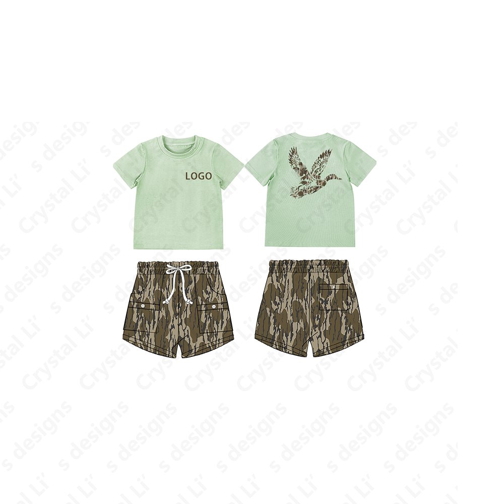 Custom logo shirt children's clothing hunting dog pattern kid clothes custom camo cargo shorts set