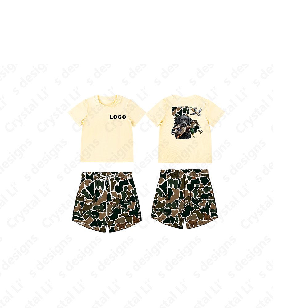 Custom logo shirt children's clothing hunting dog pattern kid clothes custom camo cargo shorts set