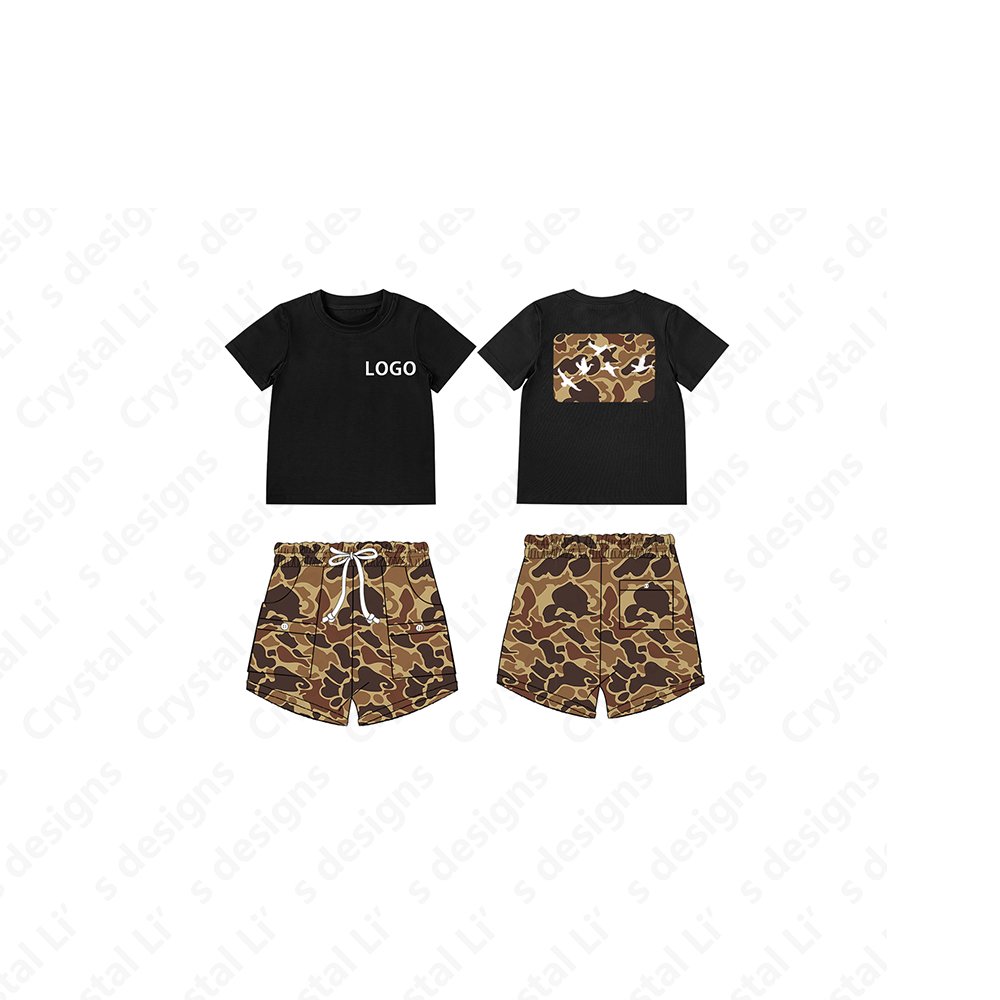 Custom logo shirt children's clothing hunting dog pattern kid clothes custom camo cargo shorts set