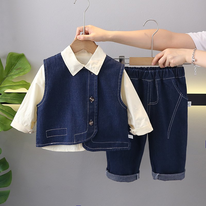 Custom Wholesale Kids Clothing Boys' Casual Solid Pattern Denim Vest Jean Pants shirt Set for Baby Autumn Wear Three Piece Set
