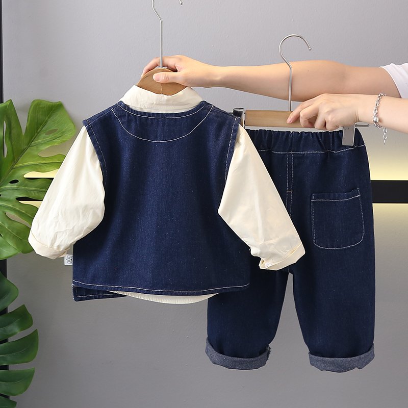 Custom Wholesale Kids Clothing Boys' Casual Solid Pattern Denim Vest Jean Pants shirt Set for Baby Autumn Wear Three Piece Set