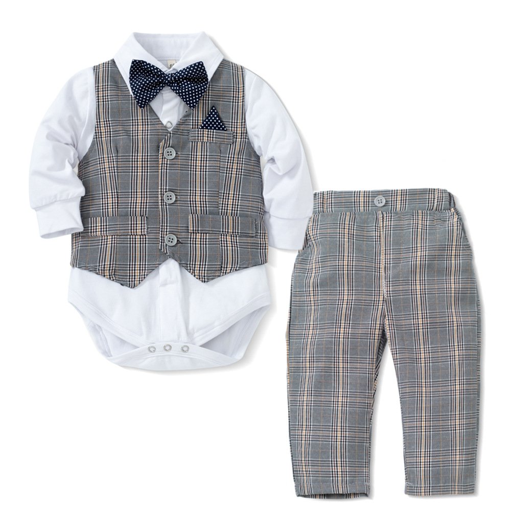 Baby Boy Plaid Print Shirt Bodysuit Pants Long Sleeved Shirt Bow Tie Hat Vest 5pcs Baby Boy Clothes Long Sleeve Romper Suit