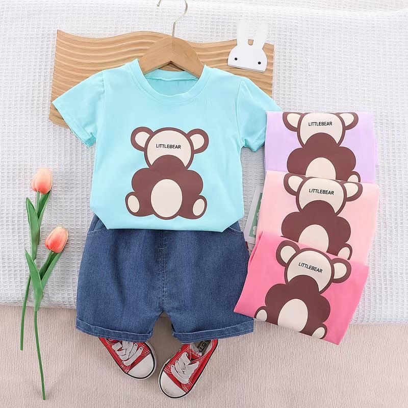 Girls' summer fashion children's clothing Summer baby short sleeve jeans two-piece set 1-4 years old female treasure