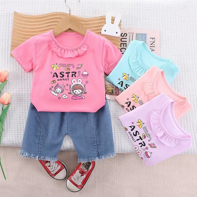 Girls' summer fashion children's clothing Summer baby short sleeve jeans two-piece set 1-4 years old female treasure