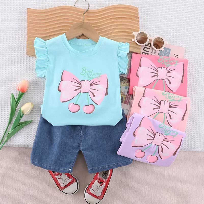 Girls' summer fashion children's clothing Summer baby short sleeve jeans two-piece set 1-4 years old female treasure