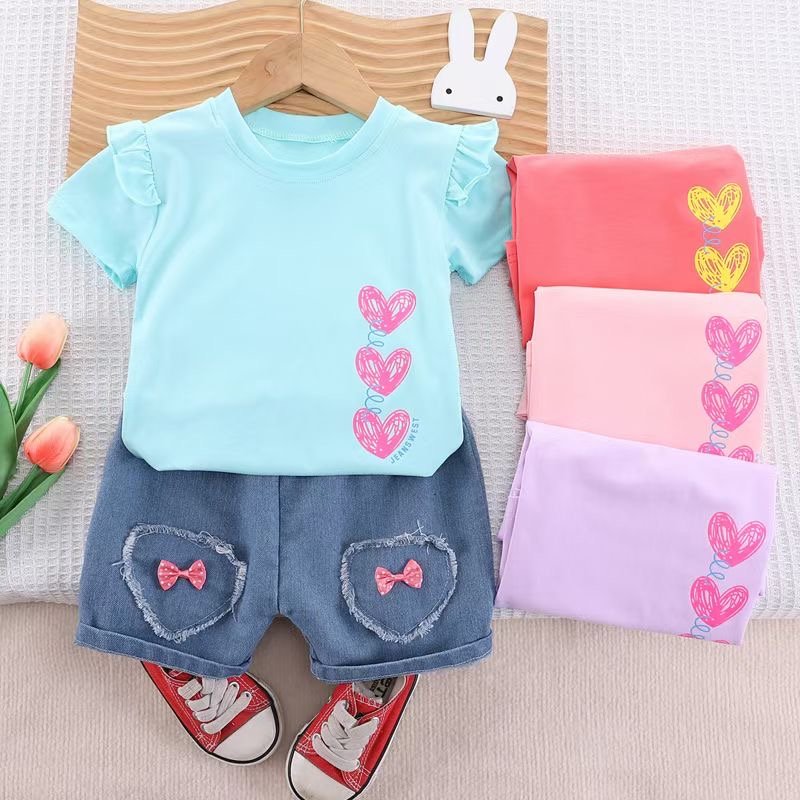 Girls' summer fashion children's clothing Summer baby short sleeve jeans two-piece set 1-4 years old female treasure
