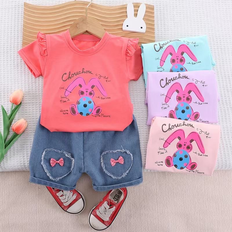 Girls' summer fashion children's clothing Summer baby short sleeve jeans two-piece set 1-4 years old female treasure
