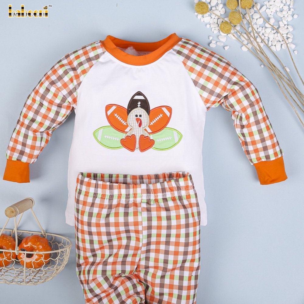 Turkey applique baby loungewear ODM wholesale smocked children clothing boys clothing sets - BB2719