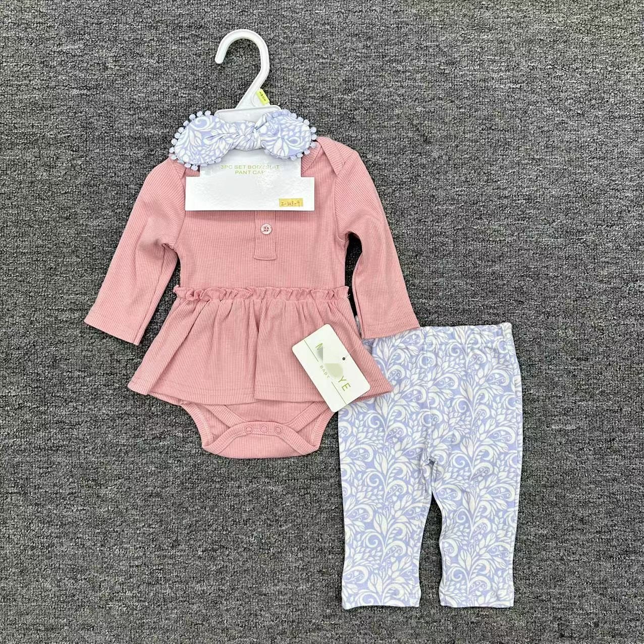 New Born Baby Girl 0-9months Romper Dress Trousers And Hairband 3pcs Set Long Sleeve Solid Color Clothes Set